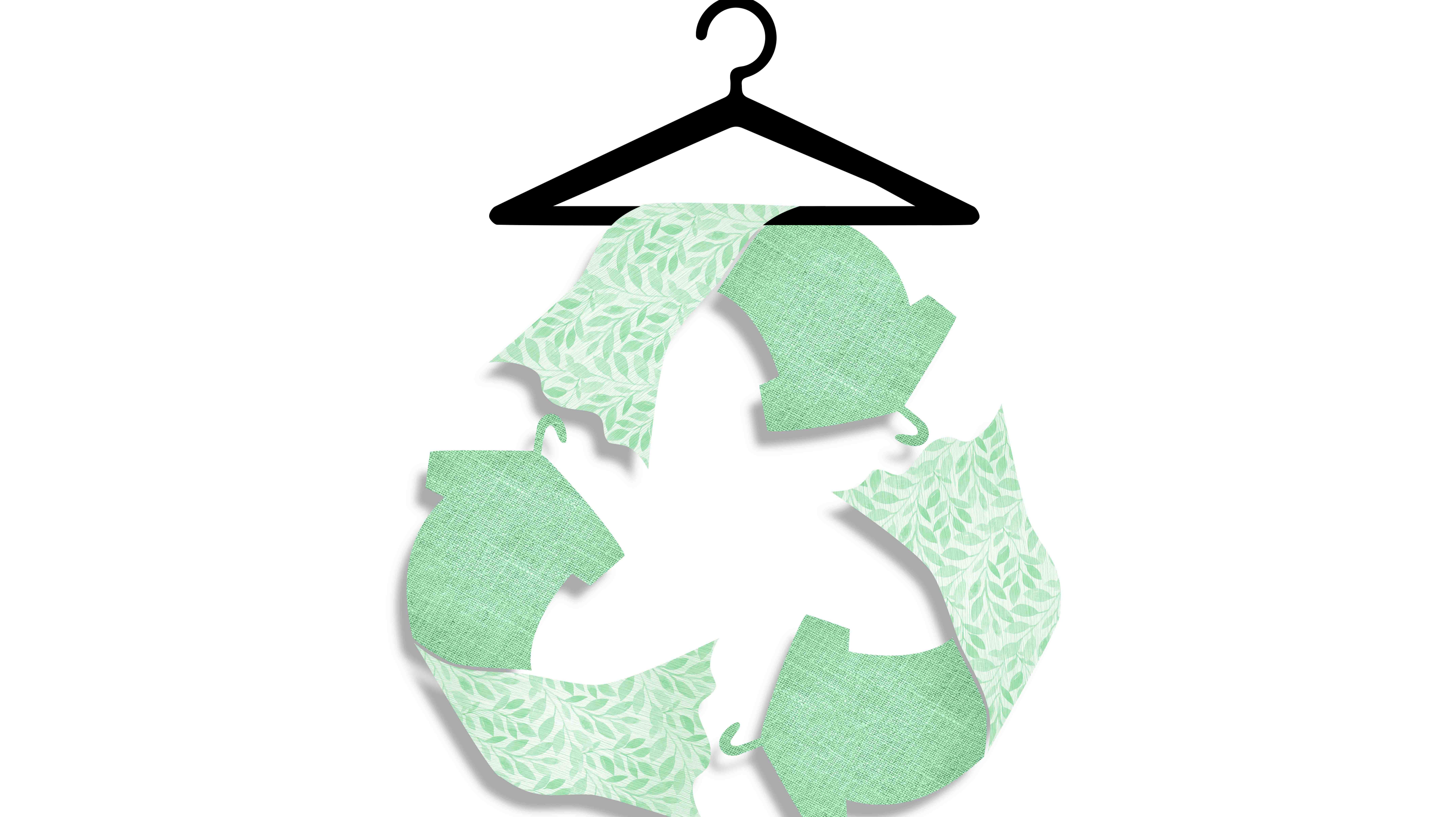 Recycle clothes icons textured with recycled fabric on hanger, sustainable fashion to reduce waste concept