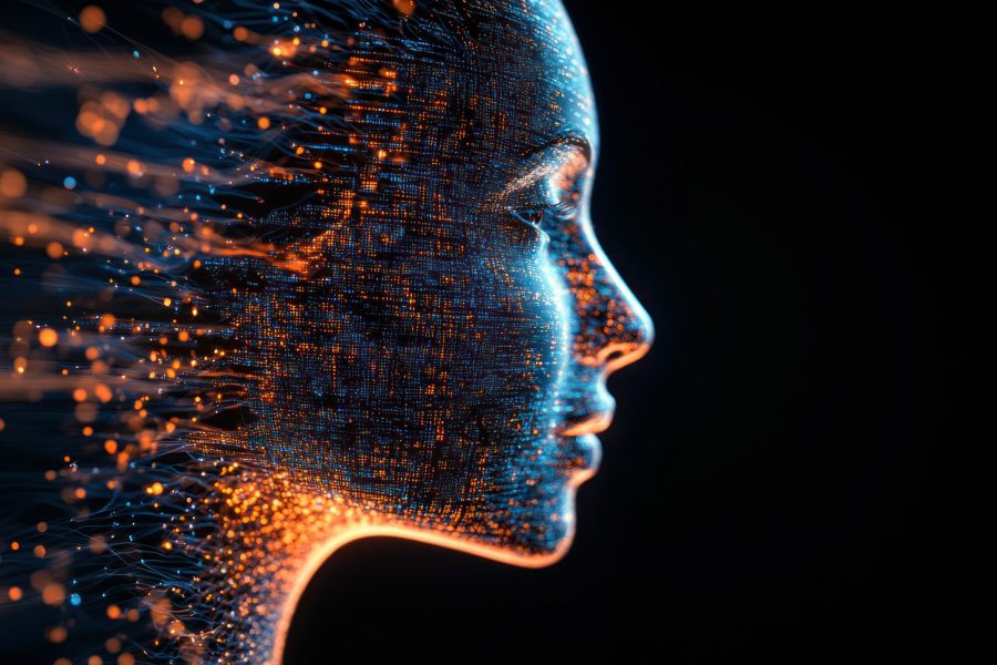 A profile of a woman's face, rendered in glowing particles, with streaks of light emanating from her head.