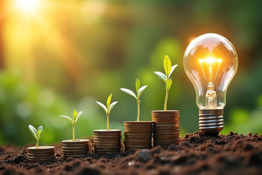 Light bulb plant growing on coins, business investment concept. Green sprout, financial growth, money saving, eco friendly business concept, sustainable development, innovation, new ideas financial