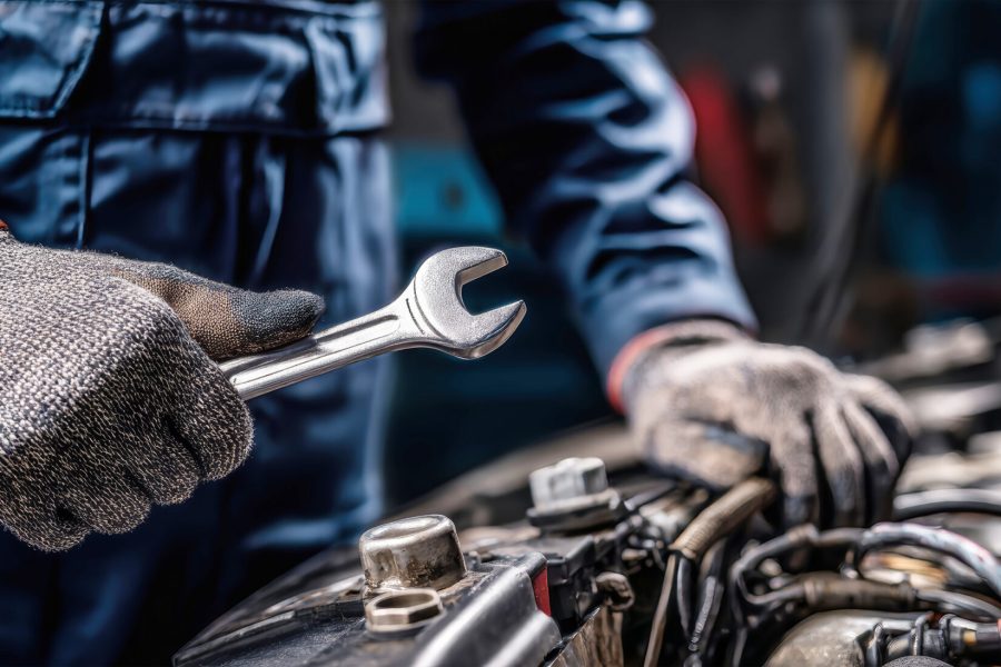 Hands expertly handle tools while a dedicated mechanic repairs a car engine. The garage buzzes with equipment, gears, and wires, showcasing craftsmanship.
