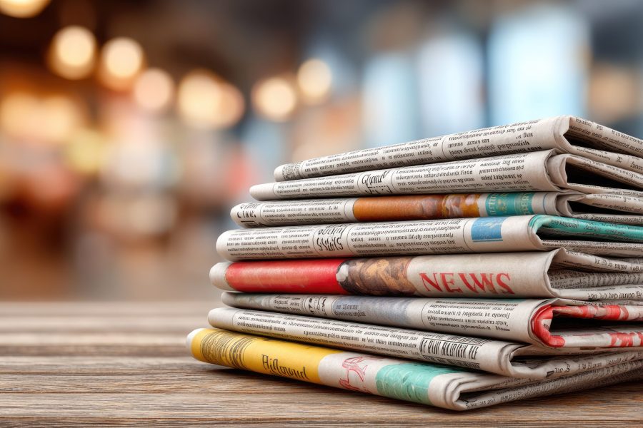 Stack of newspapers on a wooden surface. Blurry background