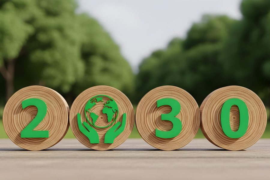 Sustainable future 2030 goals with green earth hands in nature setting