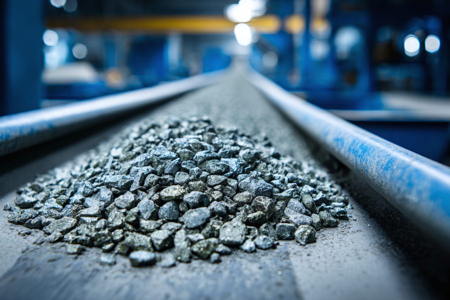 Stunning photo of industrial processing of rare earth elements. Precious metals extracted from ore. Material on conveyor belt. Mining industry. Extraction process. Sustainable