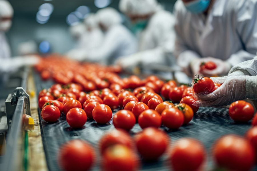 In a food processing facility, workers in white protective suits carefully sort and pack vibrant red and yellow tomatoes.