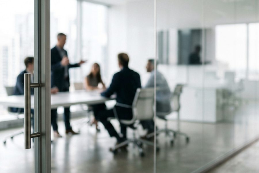 A business meeting takes place behind a glass door, showcasing professionals discussing strategies in a modern office setting with a focus on teamwork.