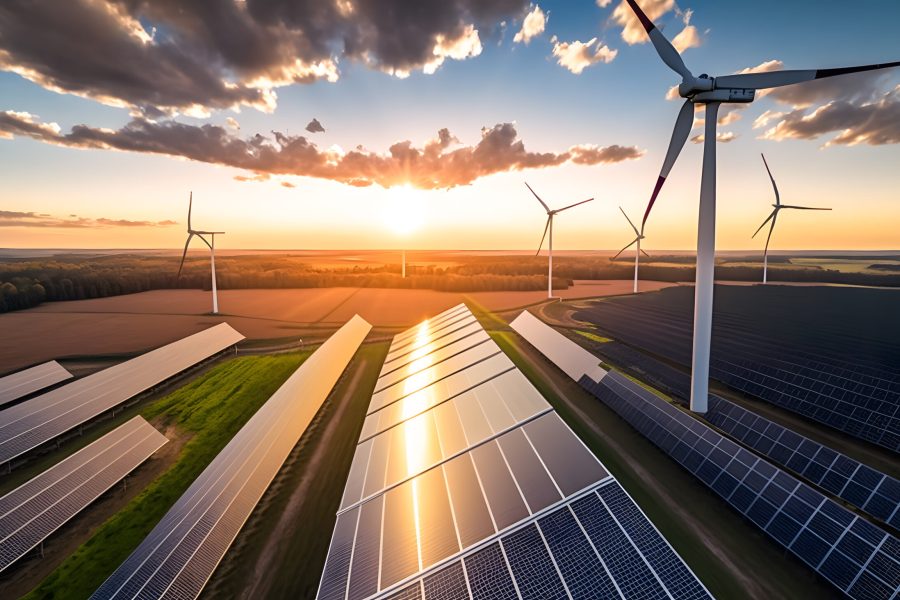 Modern Wind turbines and solar panels sunset light. Concept eco green renewable energy. Generation AI.