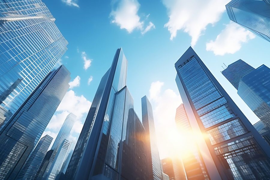 business and financial skyscraper buildings concept.Low angle view and lens flare of skyscrapers modern office building city in business center with blue sky. : Generative AI