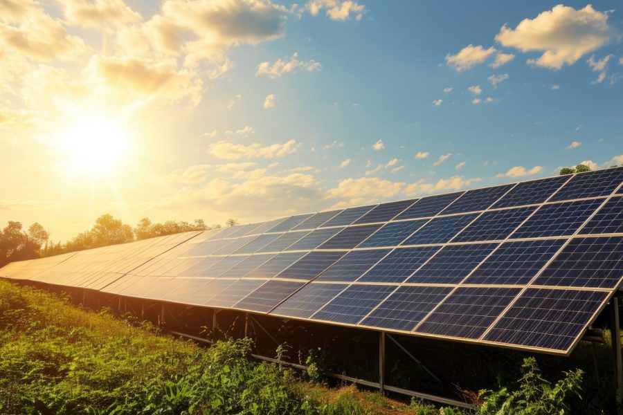 Efficient ecological solar farm with modern photovoltaic solar panels, an alternative electricity source.
