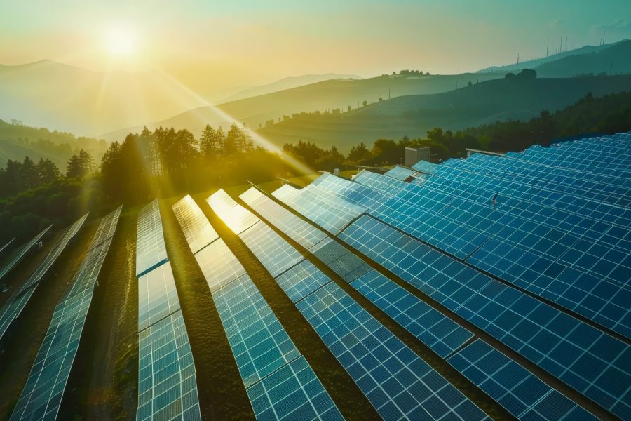 A solar farm with rows of solar panels. The sun is shining on the panels, creating a beautiful and peaceful scene