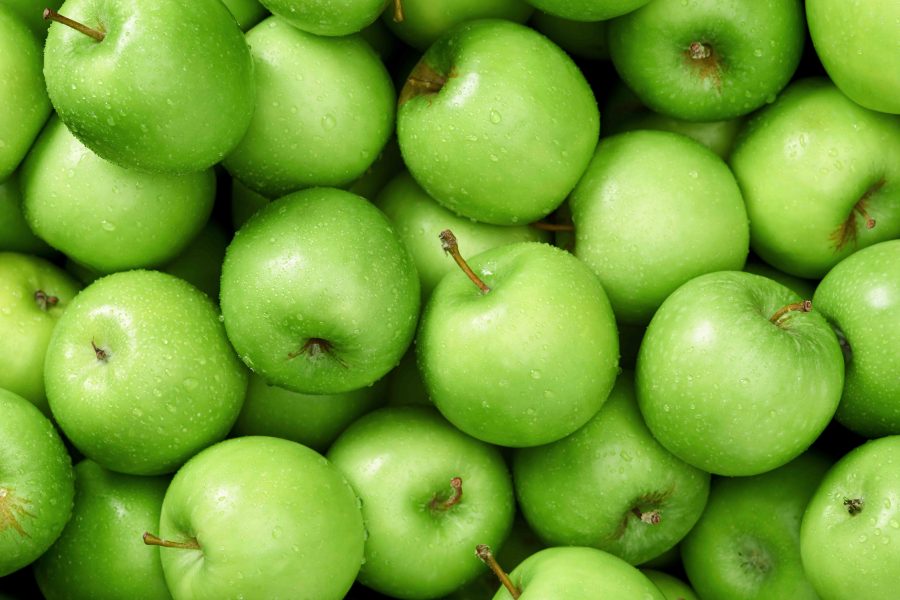 Green apple Raw fruit and vegetable backgrounds overhead perspective, part of a set collection of healthy organic fresh produce