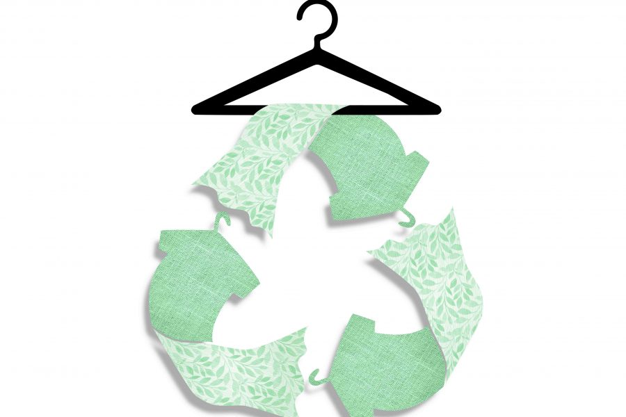 Recycle clothes icons textured with recycled fabric on hanger, sustainable fashion to reduce waste concept