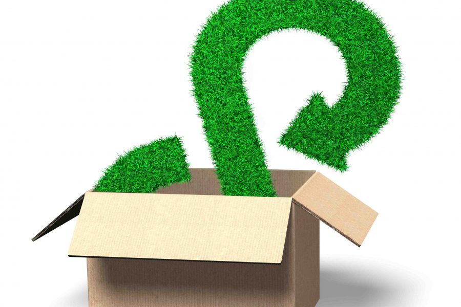 Concept of investing or buying a circular economy solution, arrow infinity recycling symbol of grass texture in open cardboard box, isolated on white, 3D illustration.