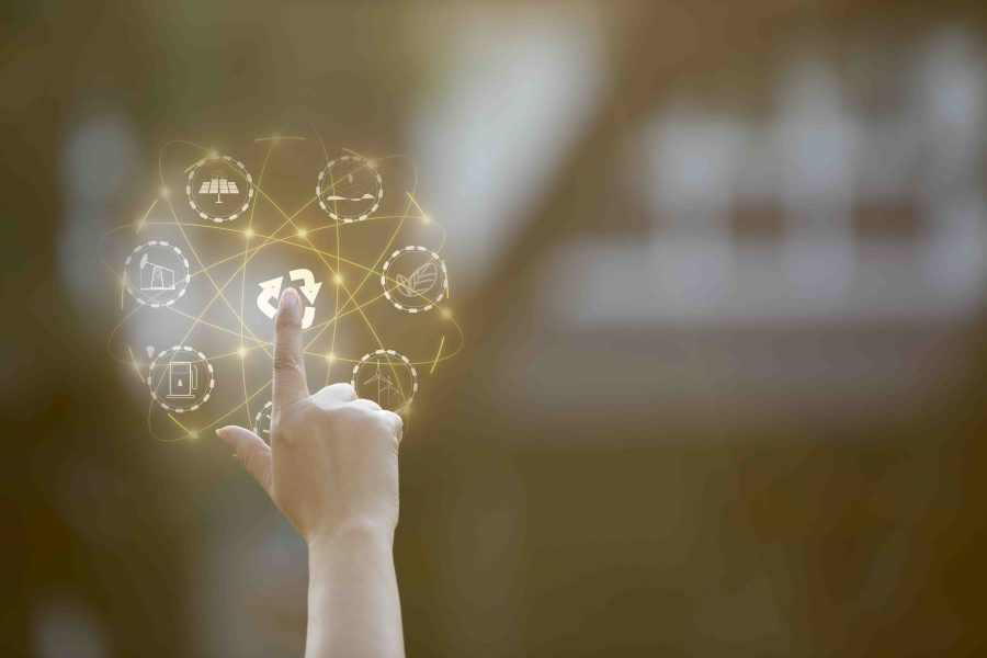 Technology, hand holding with environment Icons over the Network