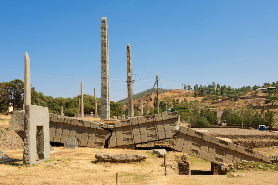 Aksum obelisks, symbol of the Aksumite civilization, the most powerful between the Eastern Roman Empire and Persia between the 1st and the 13th century A.D. UNESCO World Heritage site. Aksum, Ethiopia.