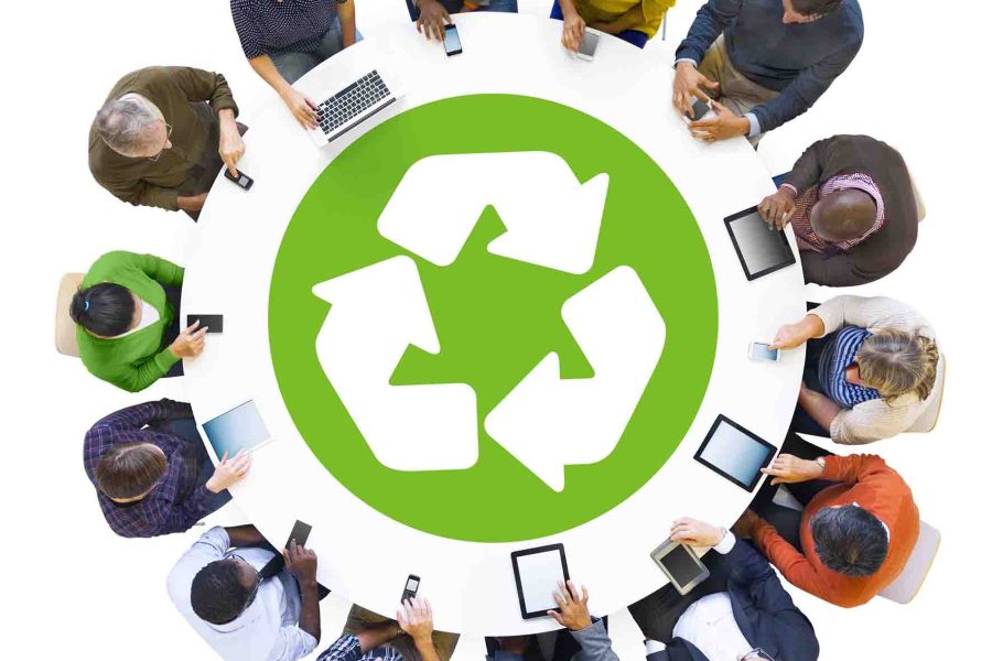 Group of People Using Digital Devices with Recycle Symbol