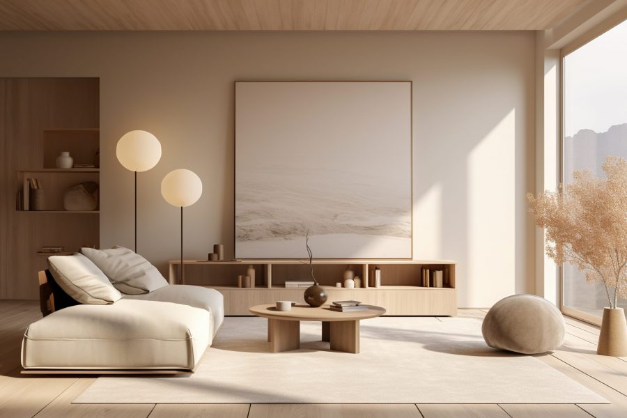 Japandi living room interior with cozy beige couch, modern minimalist design of apartment