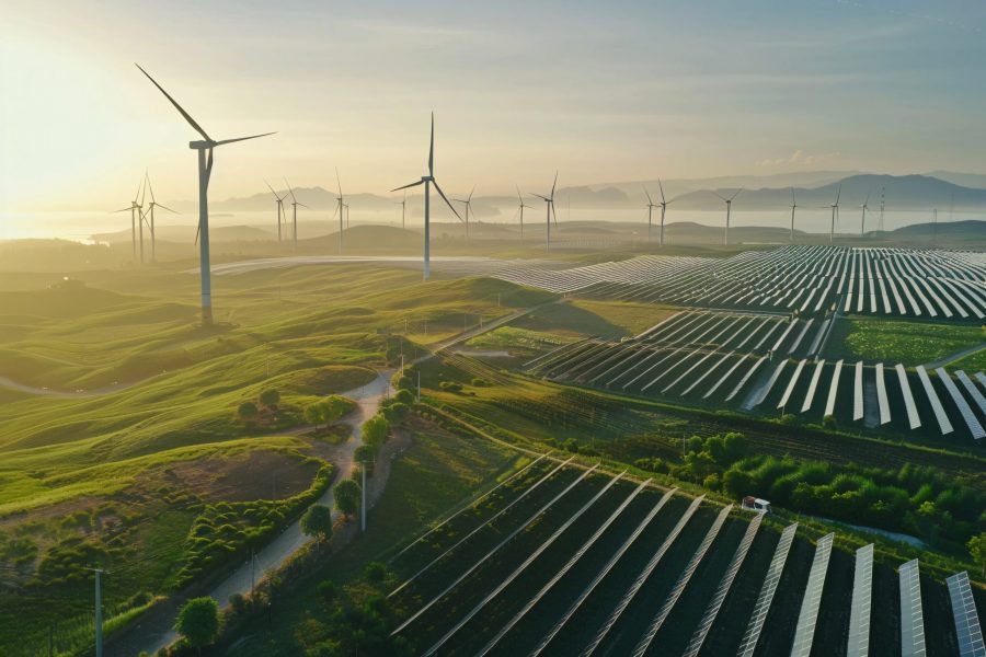 A renewable energy farm with rows of wind turbines and solar pannels